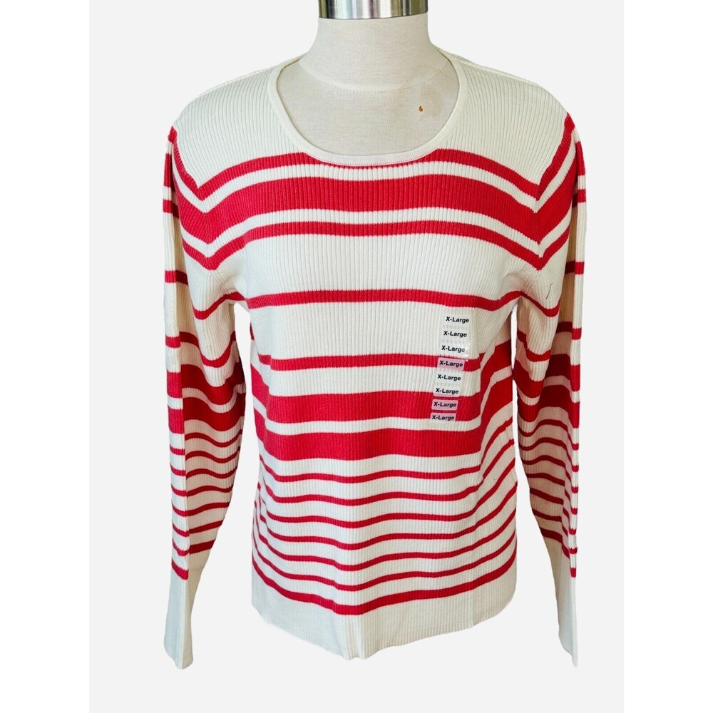 Charter Club Wm X-L Stripe Coral/Eggshell Cotton Long Sleeve Knit Pullover New